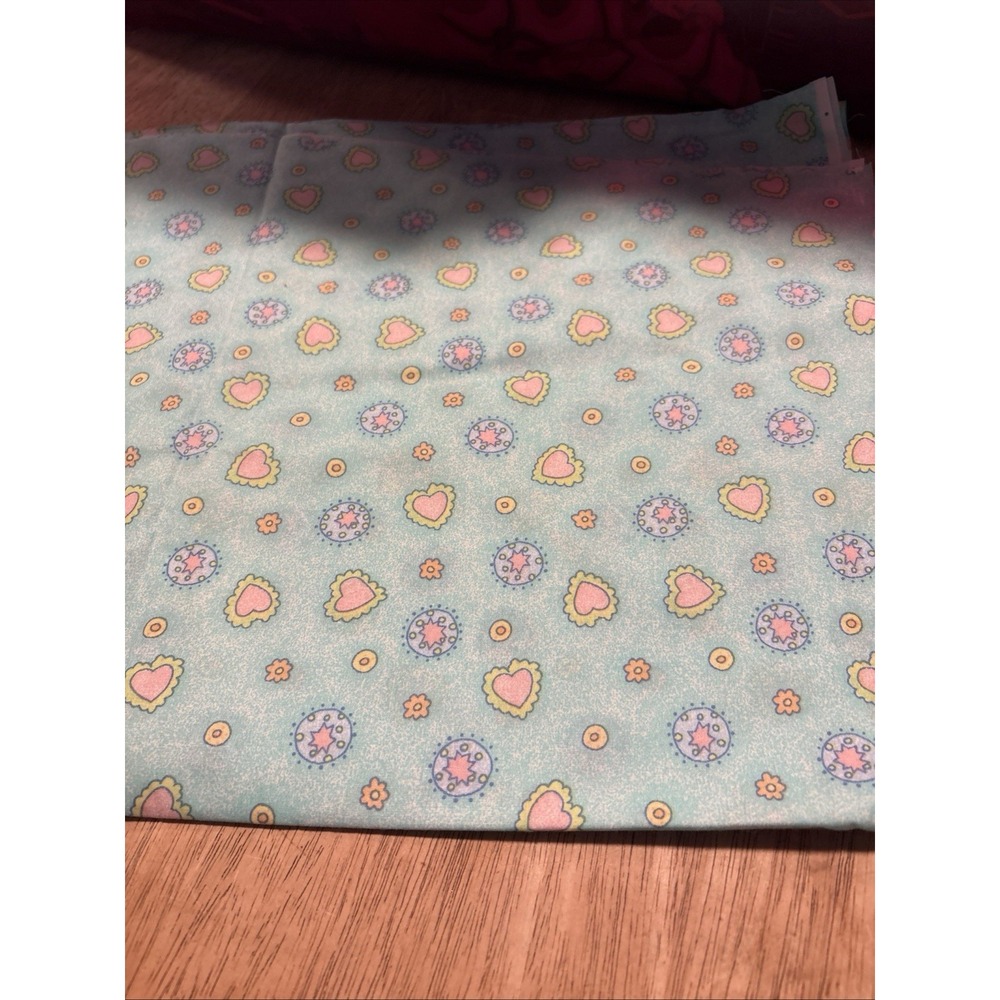 Vintage Fabric Pale Blue with Pink, Hearts & Flowers Quilting 1.20 Yards